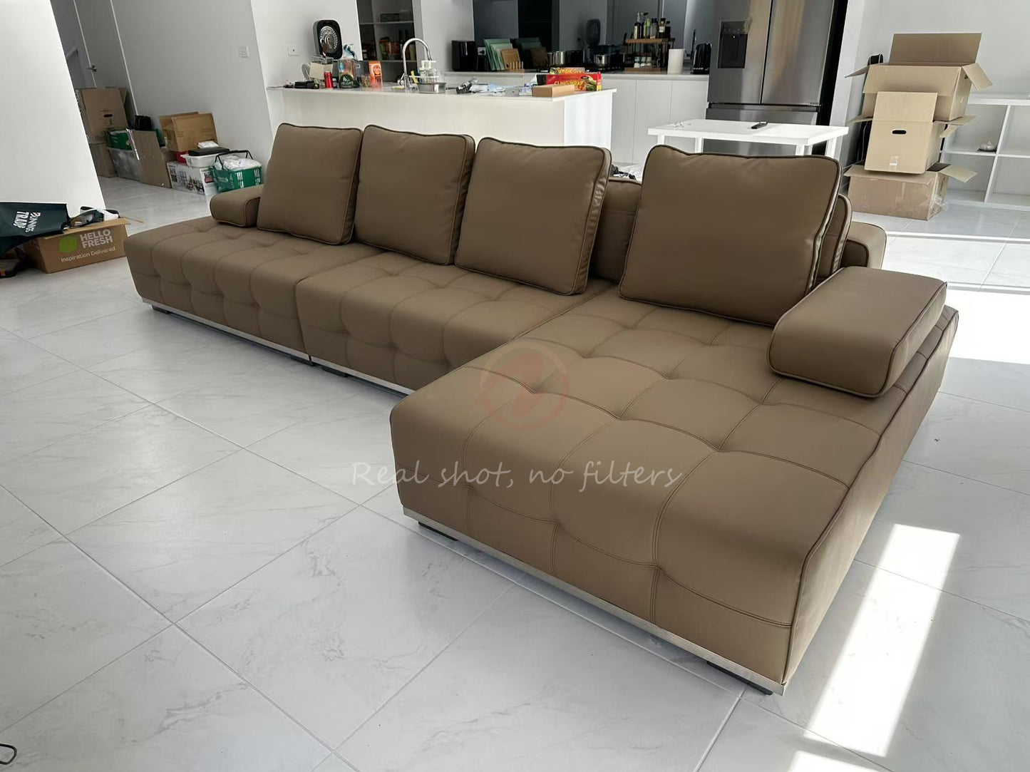 【Pre-order】LAURENCE Light Brown Genuine Leather Large Cushion Adjustable Corner Sofa | 1034