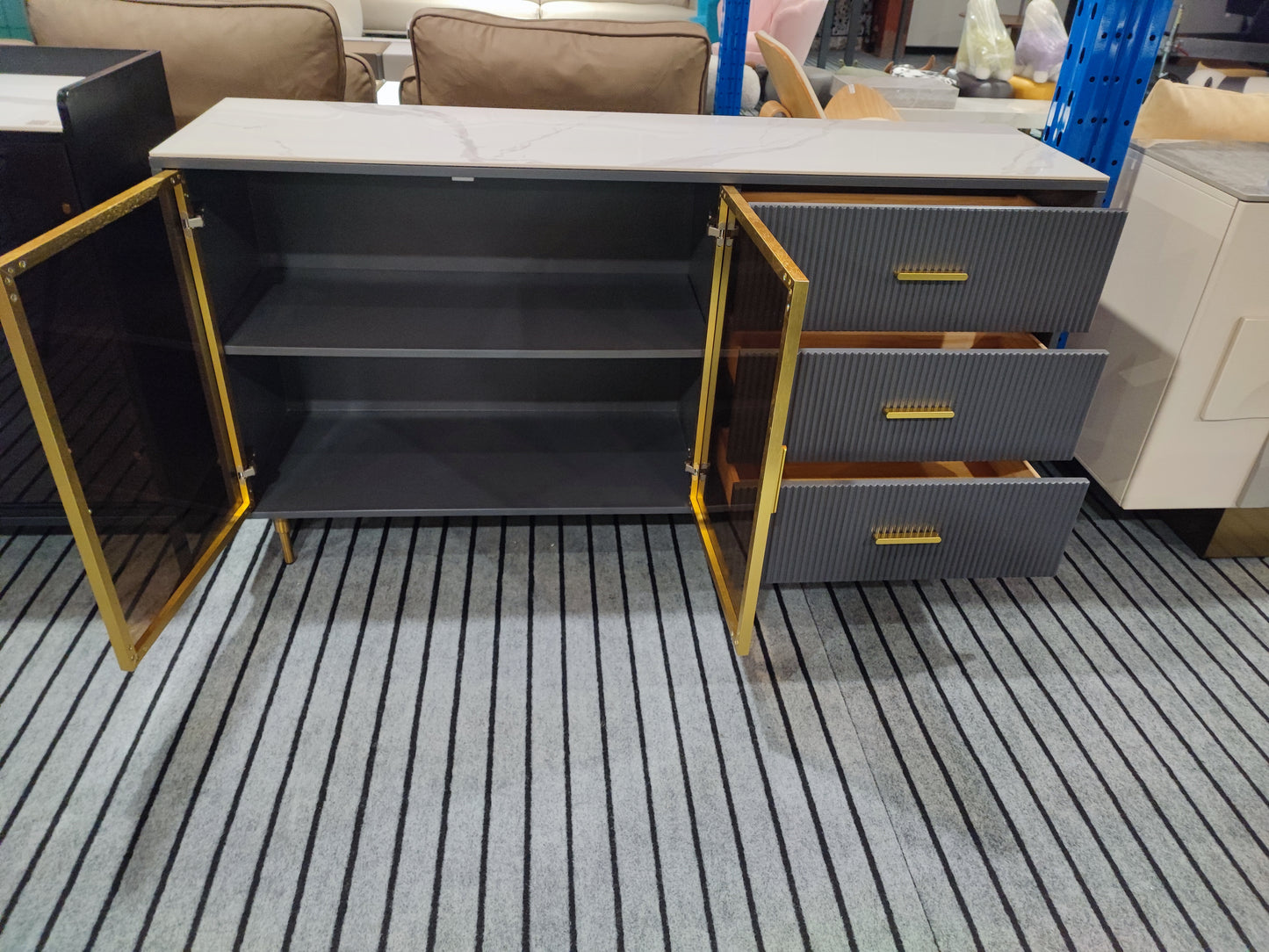 MATTEO Italian Black Sideboard with Glass and Drawers | Entryway Cabinet | Shoe Cabinet 7031