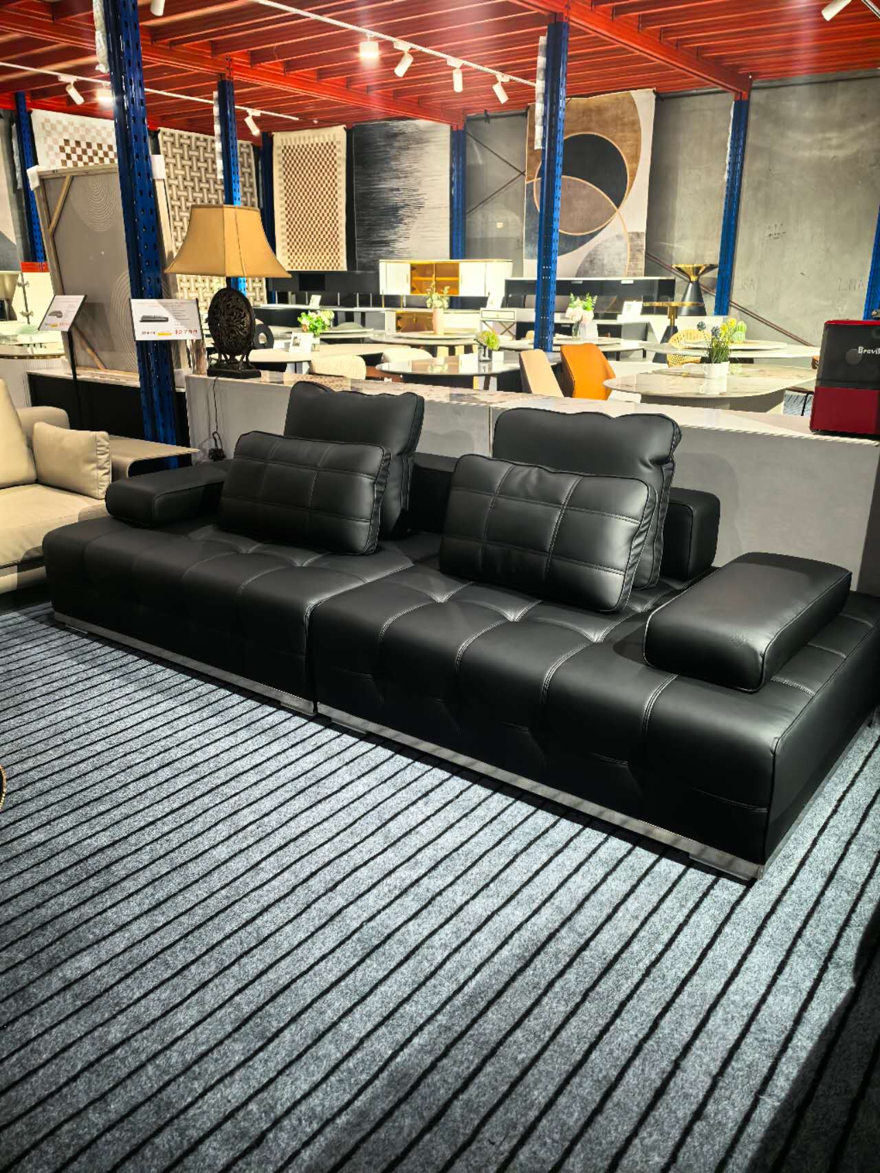 LAURENCE Premium Black Leather Sofa with Oversized Cushions – 280cm | 1044
