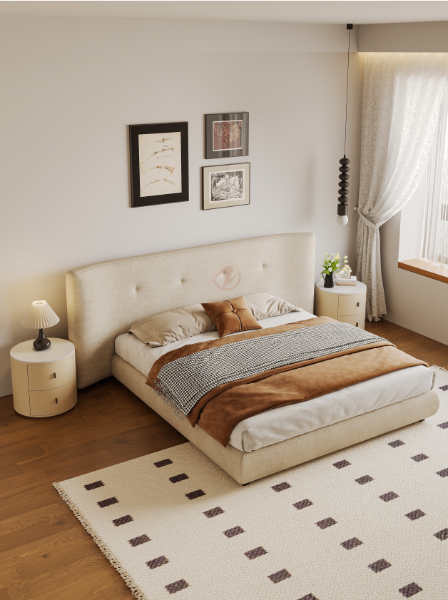 CÉLINA French Modern Upholstered Wide-Panel Bed Frame | Queen & King | 0062