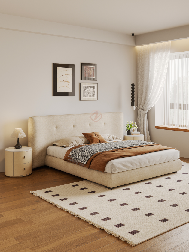 CÉLINA French Modern Upholstered Wide-Panel Bed Frame | Queen & King | 0062