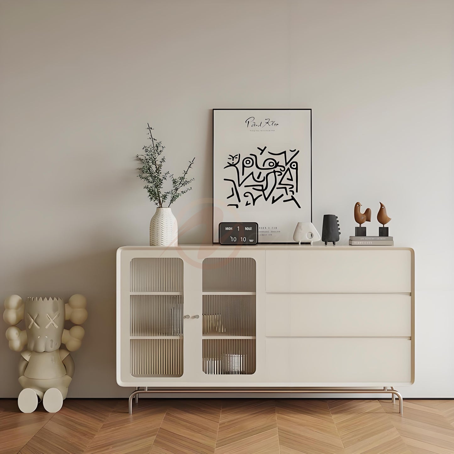 FABIO Italian Minimalist Style Black Enamel Sideboard with Fluted Glass, 160cm Entryway Cabinet | 7024
