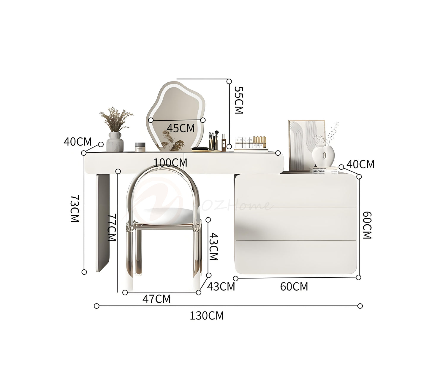CATERINA Cream Aesthetic Small White Lacquer Vanity Table with Storage Cabinet, Mirror, and Stool | 6026