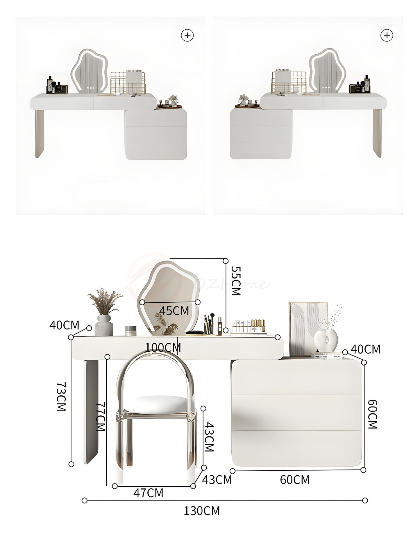 CATERINA Cream Aesthetic Small White Lacquer Vanity Table with Storage Cabinet, Mirror, and Stool | 6026