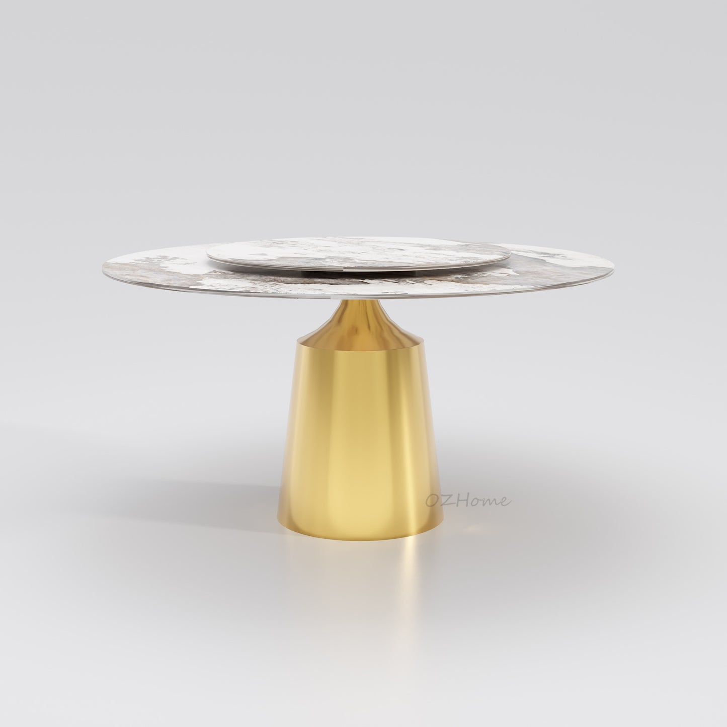 VINASSE Round Dining Table – Glossy Chanel-Inspired Sintered Stone, Gold Pedestal Base | 9046