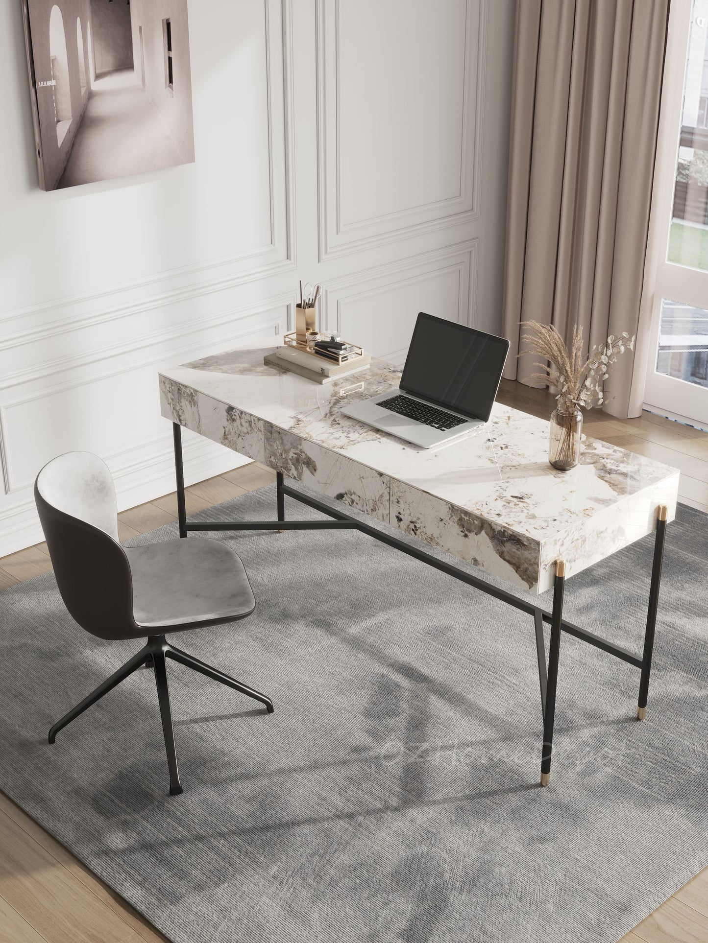 Igor Sintered Stone Top Study Desk with Drawers /Steel Legs/Ceramic/ Home Office Desk