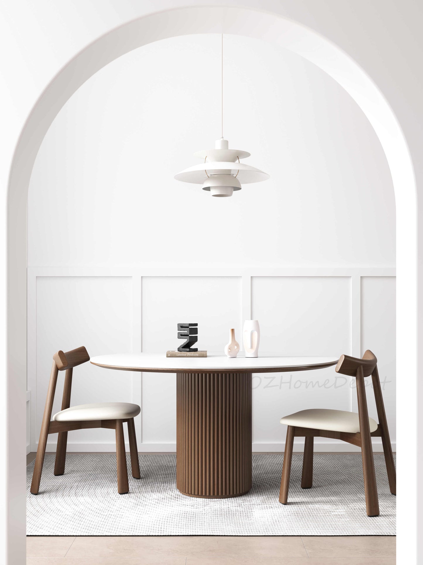 ORCHID White High Gloss Sintered Stone Panel Tabletop with Solid Wood Base Circular Dining Table 9049