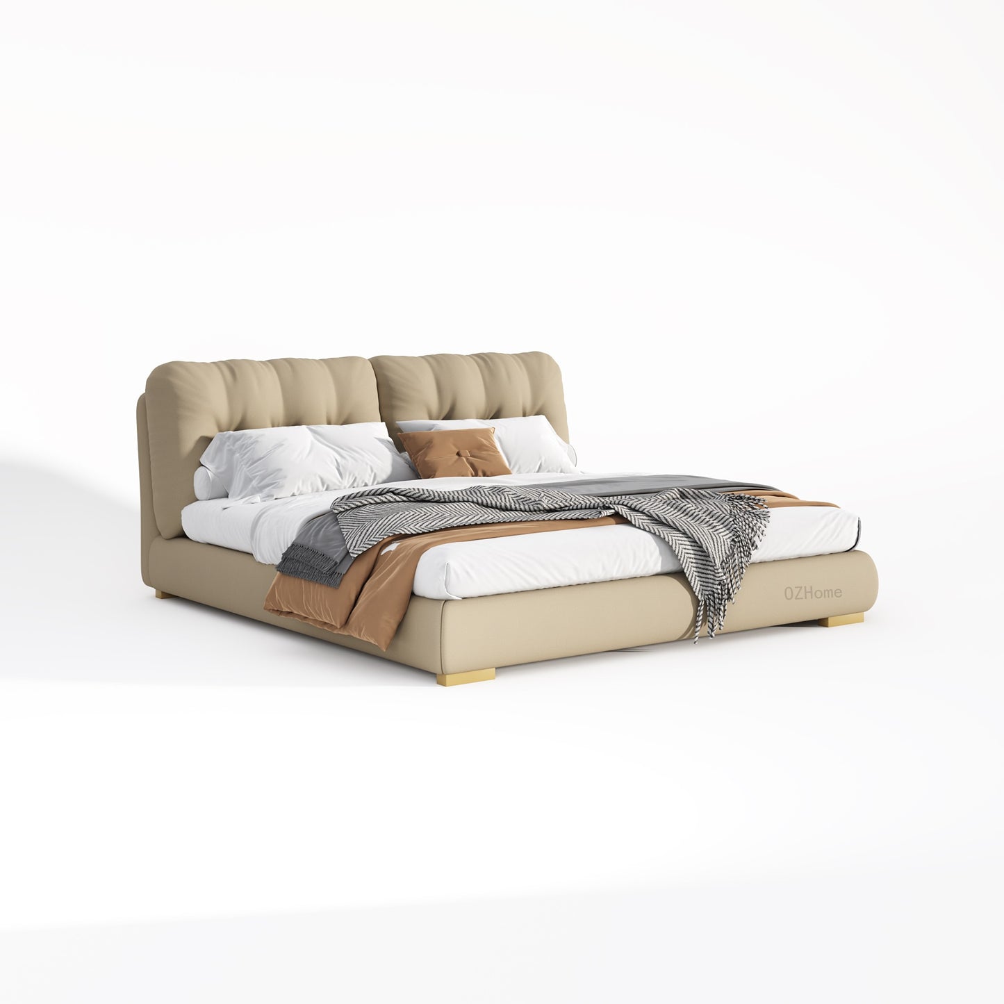 MOUSHY Luxurious Beige Frosted Fabric Bed Frame Queen/ King/ Steel legs 0076