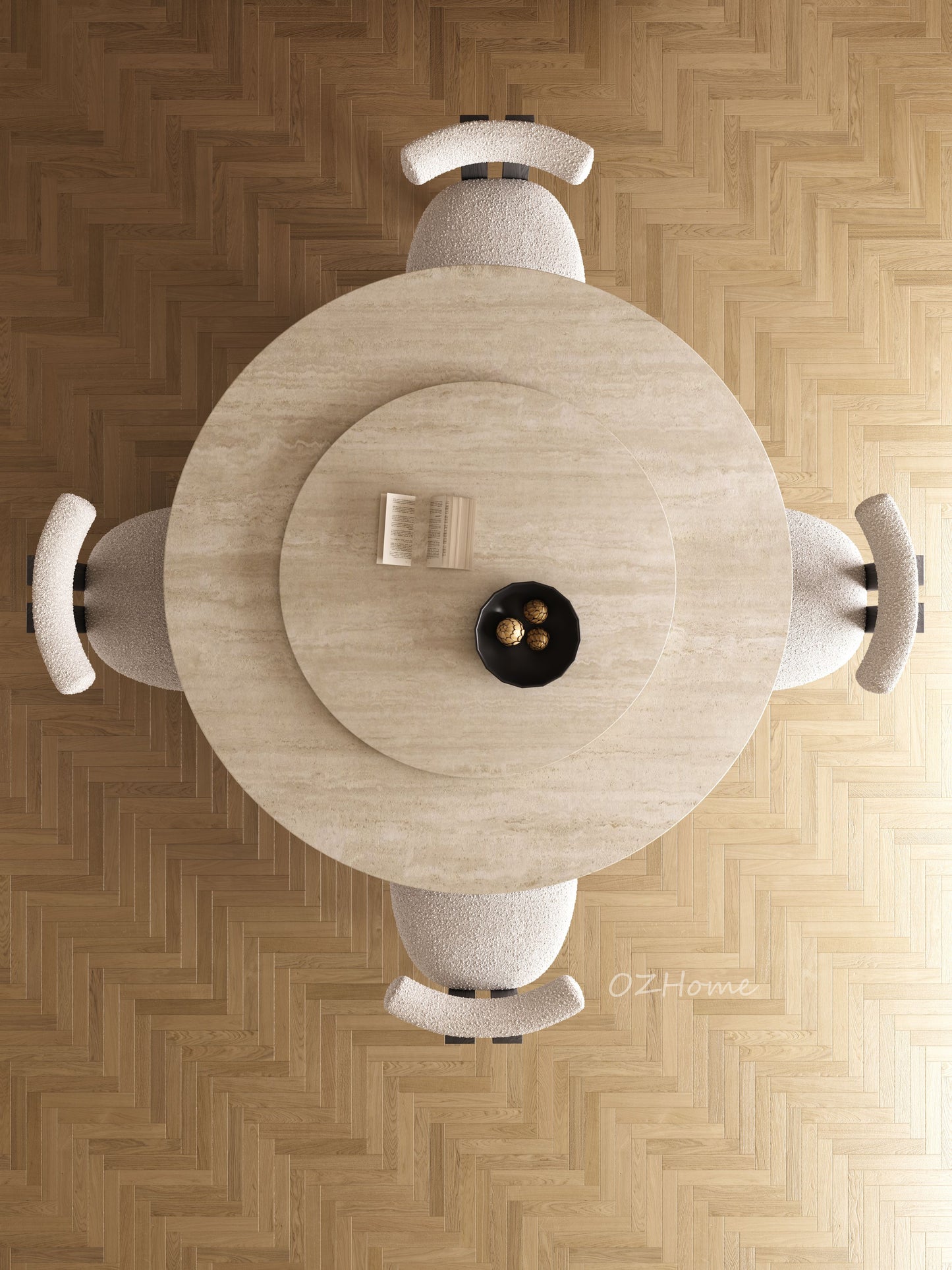 AMAURY Travertine Tabletop, Sculptural Base with Optional Lazy Susan | Dining Table | Round Table | Lazy Susan | 9059