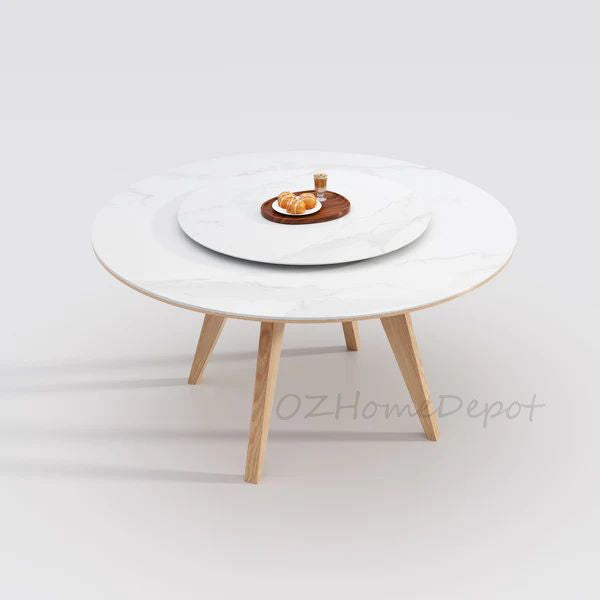 YILARA Sintered Stone Round Dining Table/Lazy Susan/Solid Timber Base/Glossy Fish-belly White Top