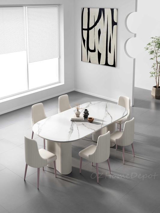 AMOS White Marble Paint Sintered Stone Top Long Dining Table |Dining Chairs | Dining Set 9095