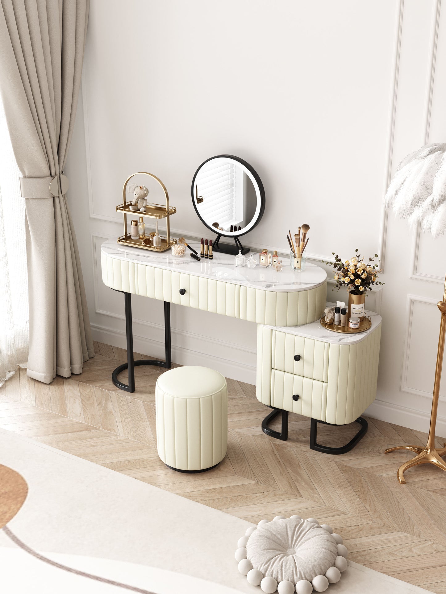 CALLISTY Vanity Table and Stool Set With Cabinet /Makeup Dressing Table/Cream