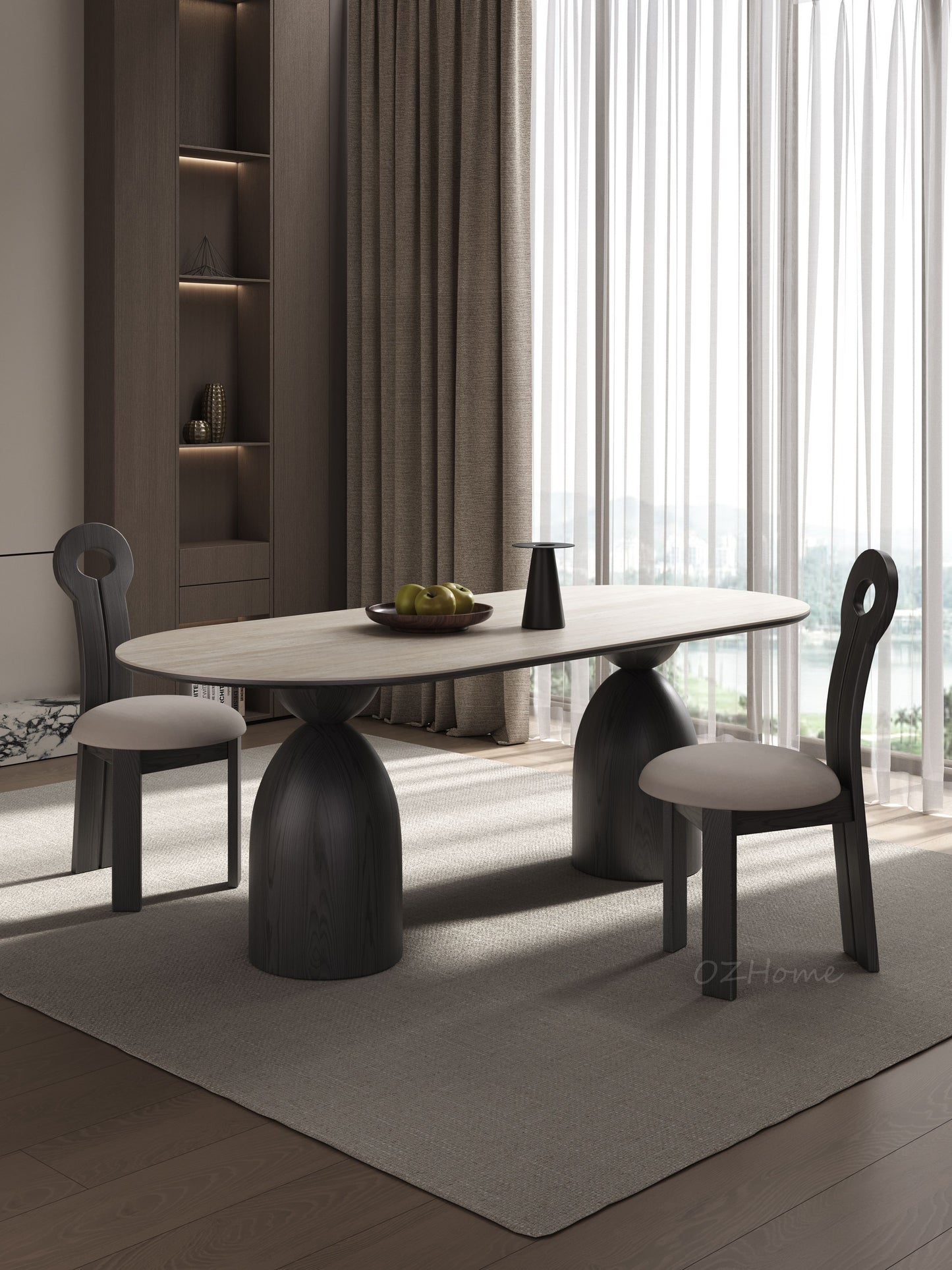 LUCIUS Gothic Style Black Dining Table with Travertine Top, Long Oval Shape, 180cm, Customizable | 9092