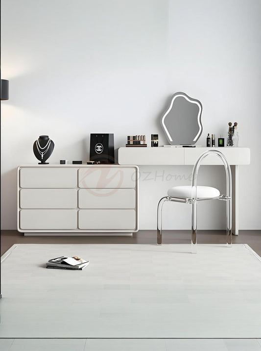 GIULIA Cream Aesthetic Large White Lacquer Vanity Table with Storage Cabinet, Mirror, and Stool | 6027