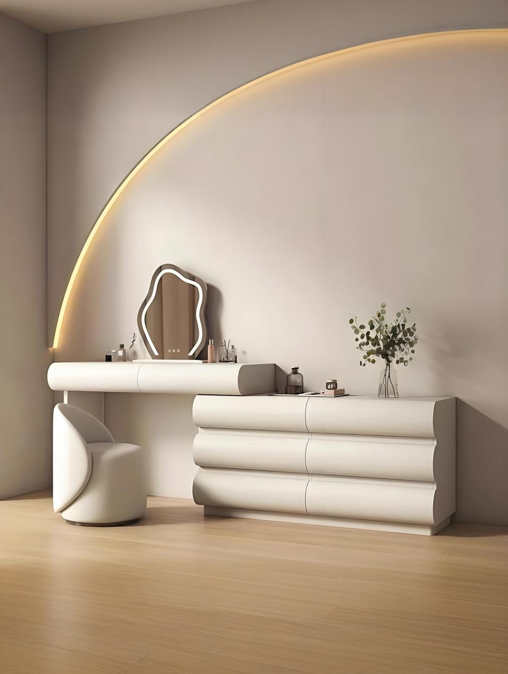 【Pre-Order】Éloïse Cream Style White Lacquered Vanity Table with Storage Cabinet, Mirror, and Stool | 6022