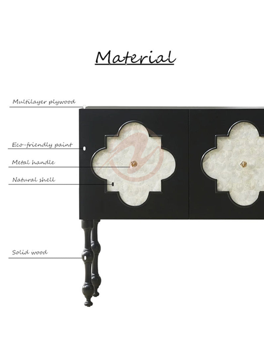 MORTIMER Gothic-Style Black Cabinet with White Natural Shell Decorative Doors, Storage Sideboard | Floral Pattern | Buffet 7026