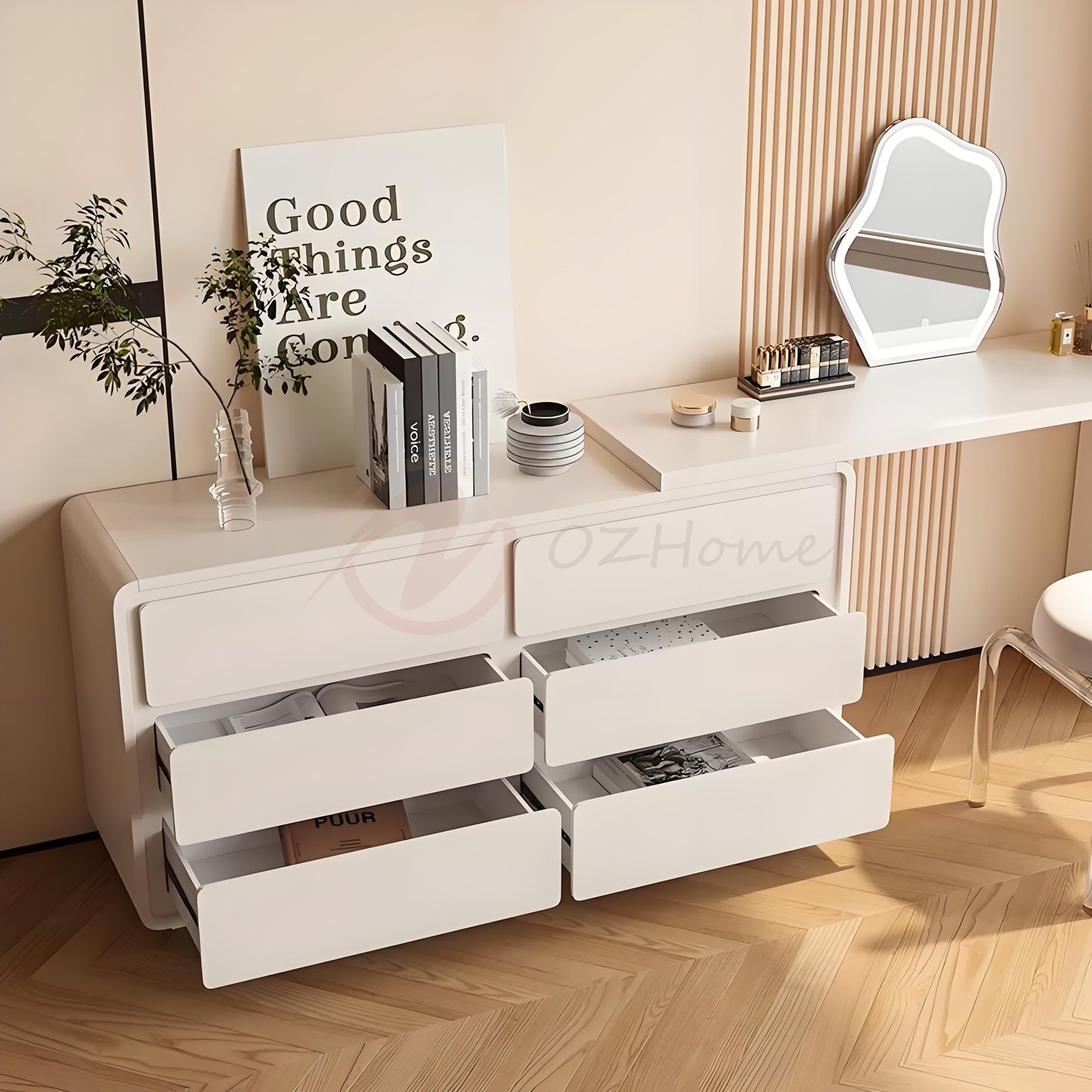 GIULIA Cream Aesthetic Large White Lacquer Vanity Table with Storage Cabinet, Mirror, and Stool | 6027
