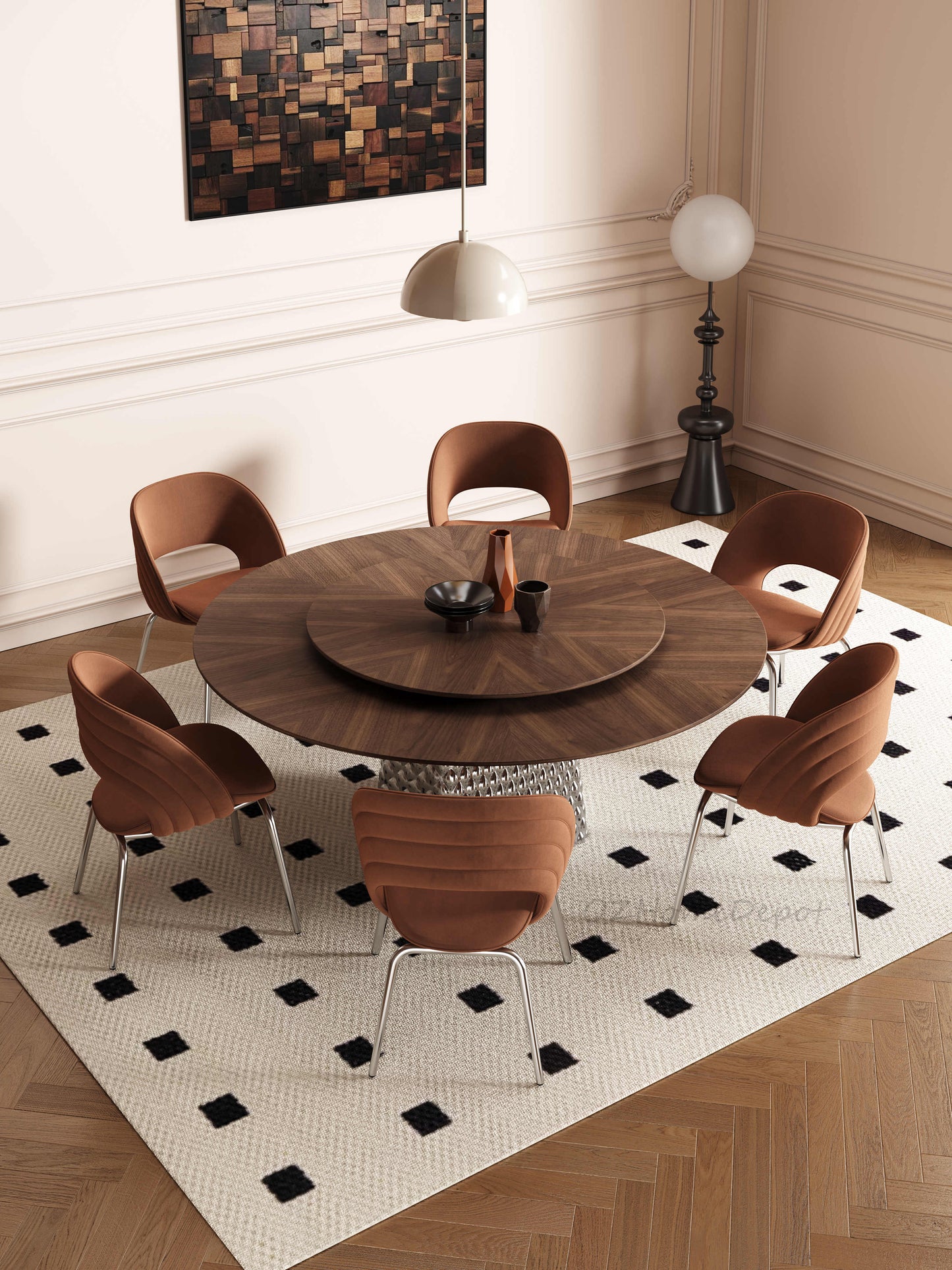 FERGUS Walnut Color Timber Round Dining Table | Dining Chair | Dining Set | Steel Mirror Stand
