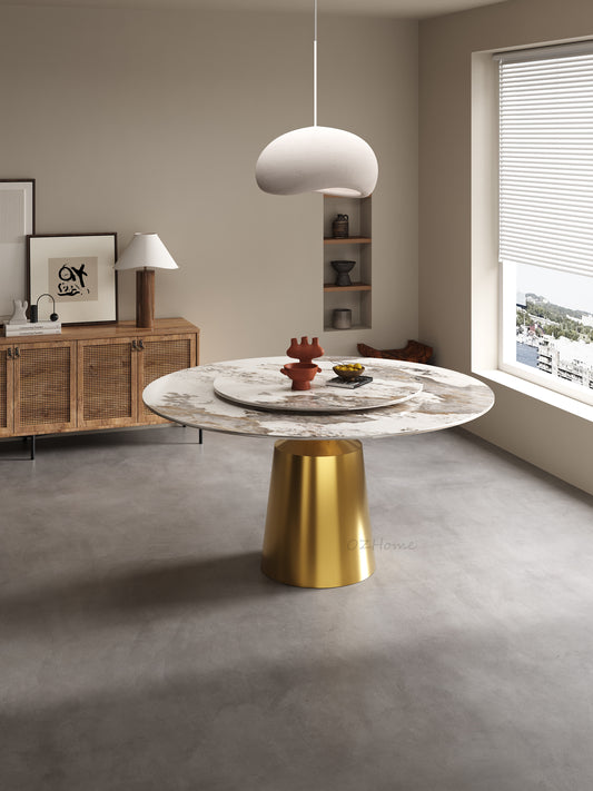 VINASSE Round Dining Table – Glossy Chanel-Inspired Sintered Stone, Gold Pedestal Base | 9046