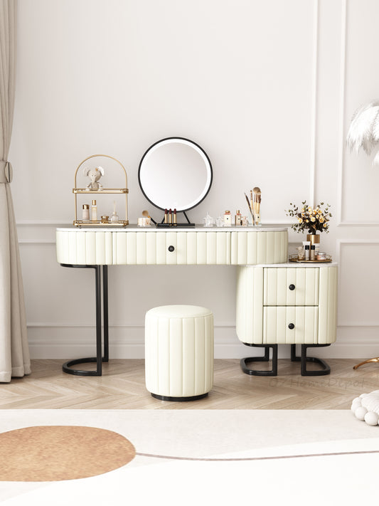 CALLISTY Vanity Table and Stool Set With Cabinet /Makeup Dressing Table/Cream