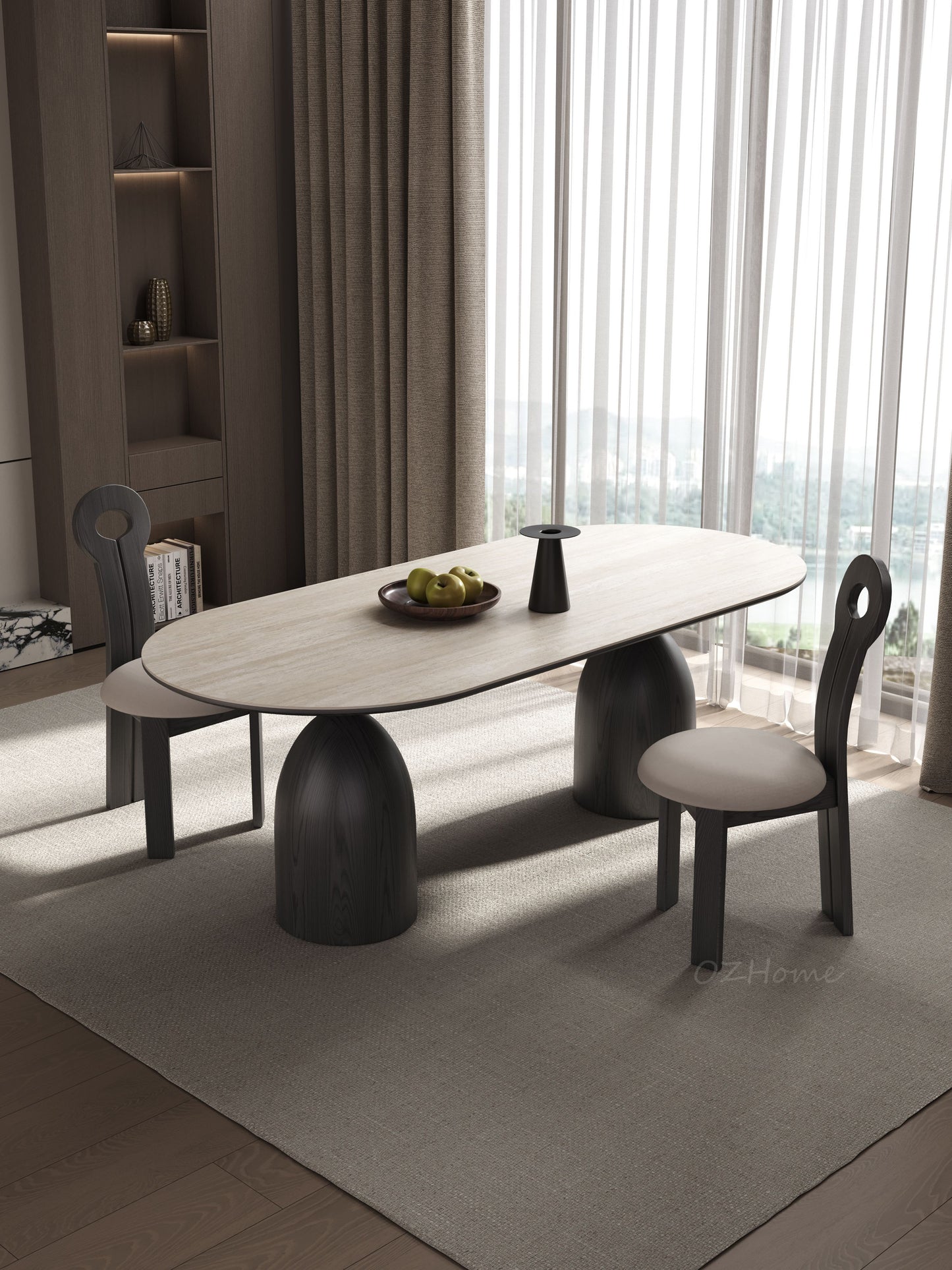 LUCIUS Gothic Style Black Dining Table with Travertine Top, Long Oval Shape, 180cm, Customizable | 9092