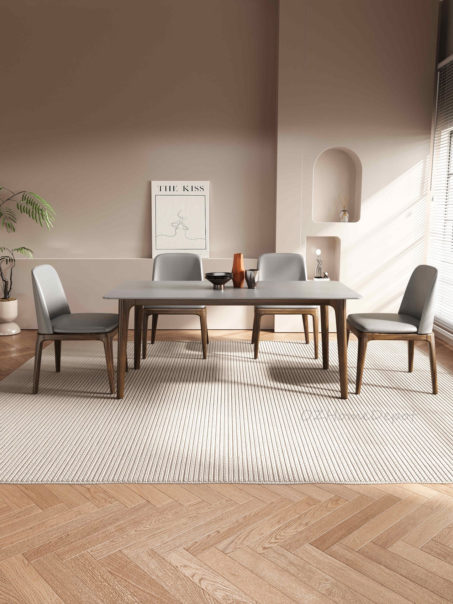 BENCY Rectangular Ceramic Top Dining Table/Solid Timber Frame/Natural Wood Color Legs