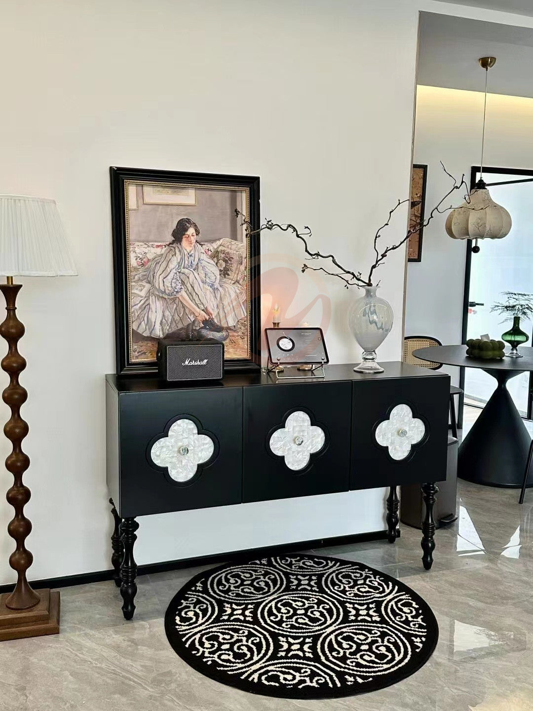 MORTIMER Gothic-Style Black Cabinet with White Natural Shell Decorative Doors, Storage Sideboard | Floral Pattern | Buffet 7026