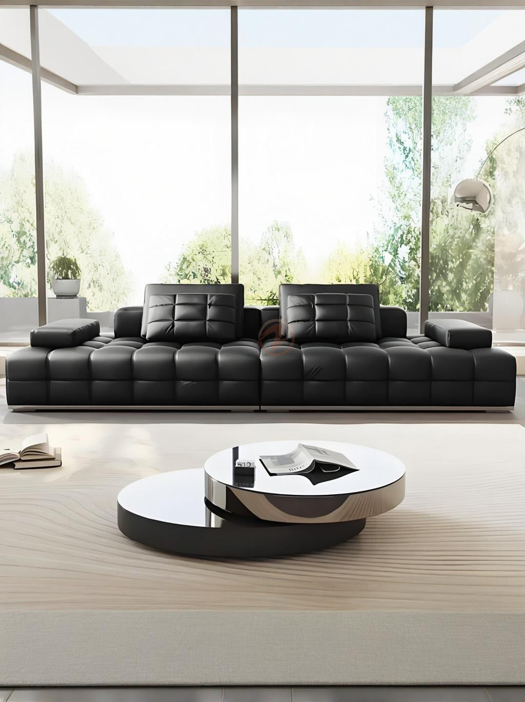 LAURENCE Premium Black Leather Sofa with Oversized Cushions – 280cm | 1044