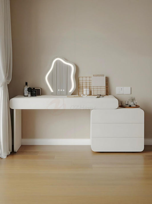 CATERINA Cream Aesthetic Small White Lacquer Vanity Table with Storage Cabinet, Mirror, and Stool | 6026