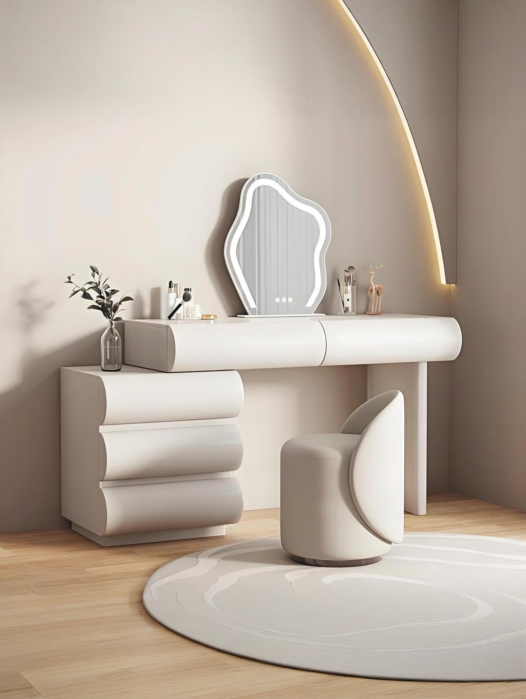 【Pre-Order】Éloïse Cream Style White Lacquered Vanity Table with Storage Cabinet, Mirror, and Stool | 6022