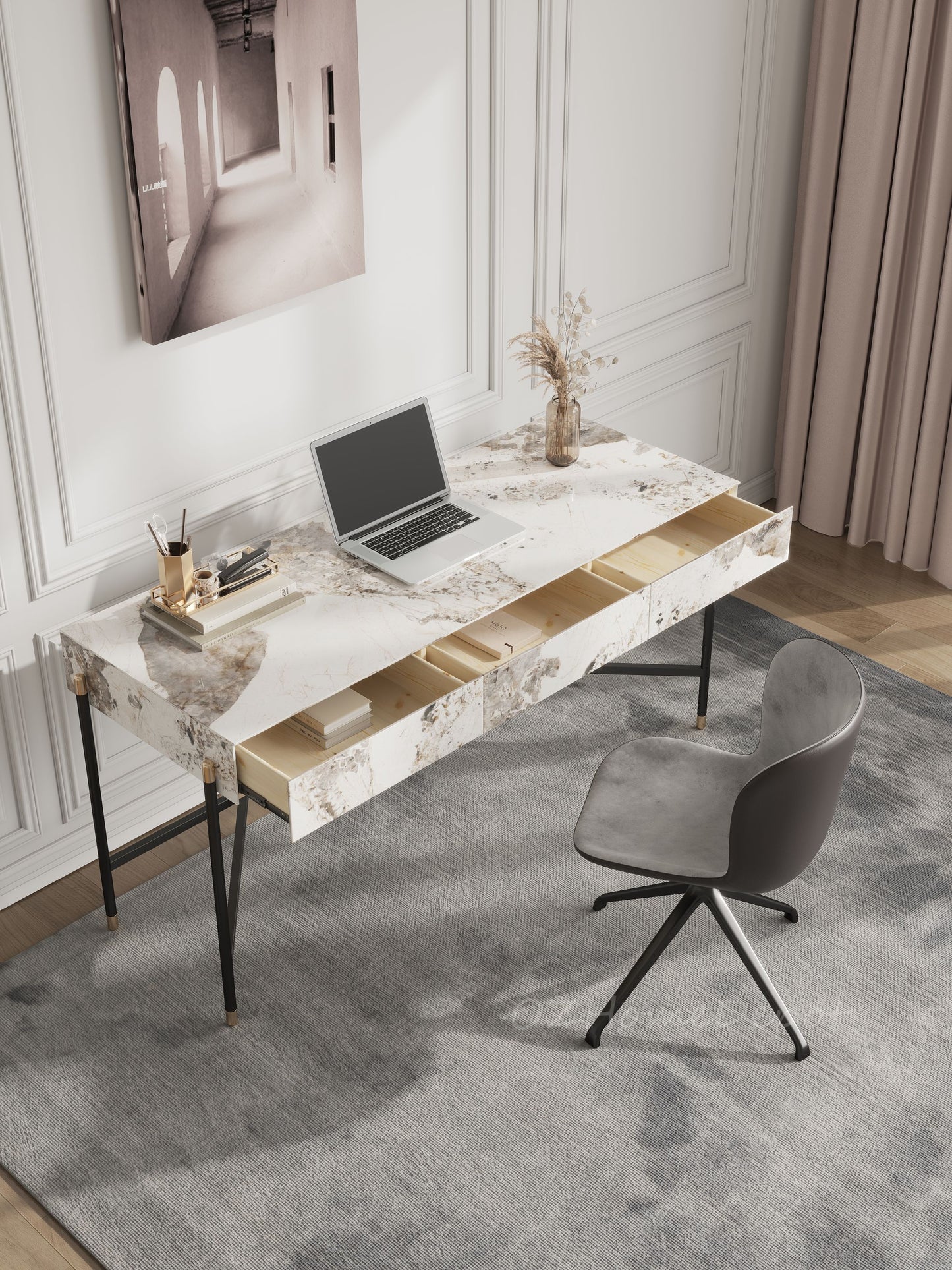 Igor Sintered Stone Top Study Desk with Drawers /Steel Legs/Ceramic/ Home Office Desk