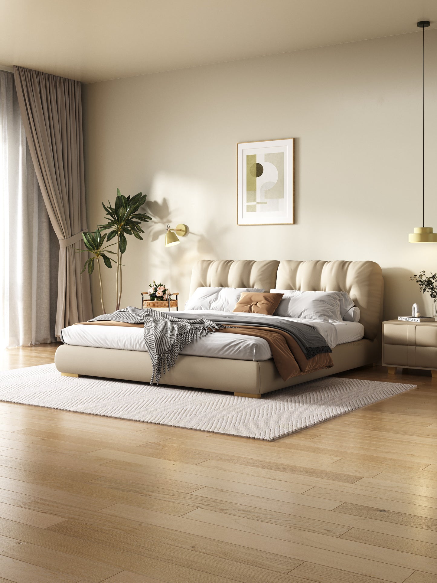 MOUSHY Luxurious Beige Frosted Fabric Bed Frame Queen/ King/ Steel legs 0076