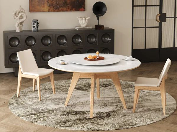 YILARA Sintered Stone Round Dining Table/Lazy Susan/Solid Timber Base/Glossy Fish-belly White Top