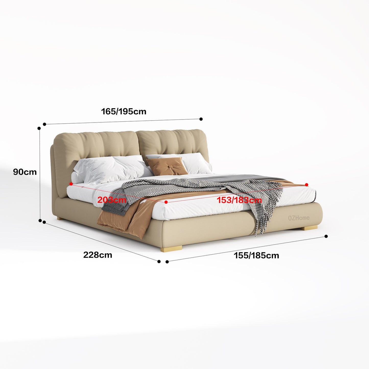 MOUSHY Luxurious Beige Frosted Fabric Bed Frame Queen/ King/ Steel legs 0076