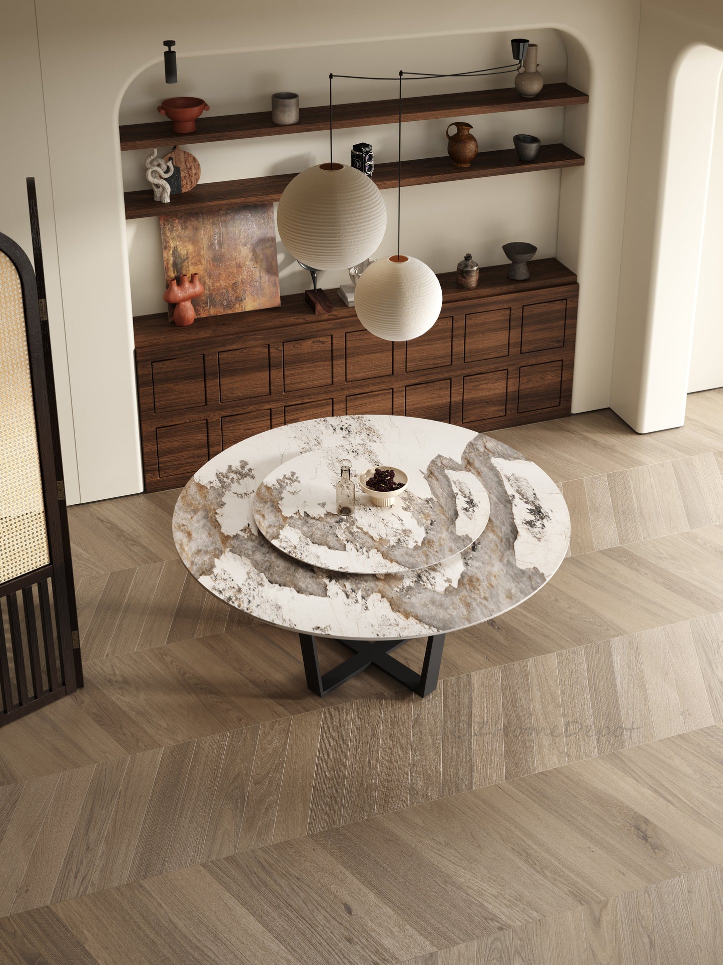 LEONIDE Multi-Size High-Gloss Pandora Rock Slab Round Dining Table with Cross-Cross Base | 9007