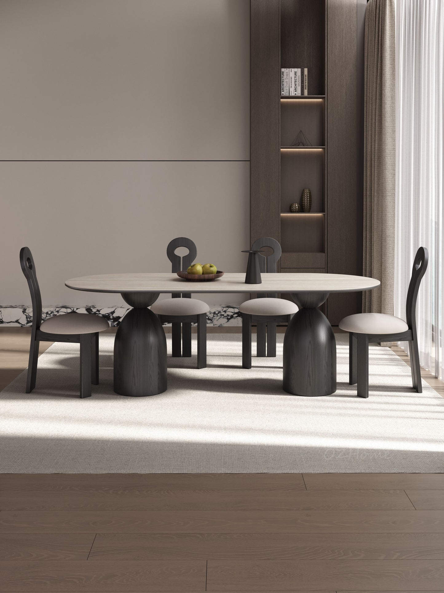 LUCIUS Gothic Style Black Dining Table with Travertine Top, Long Oval Shape, 180cm, Customizable | 9092