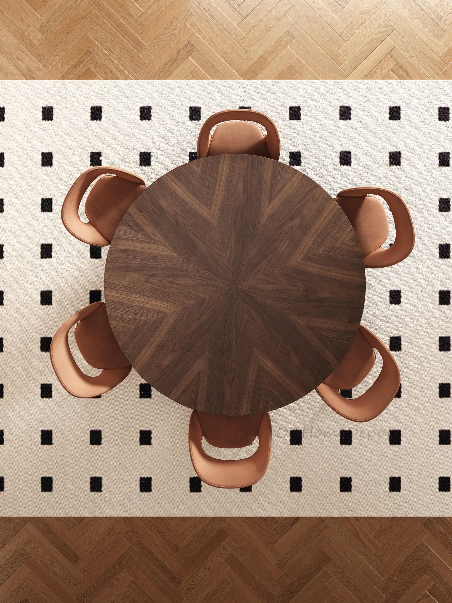 FERGUS Walnut Color Timber Round Dining Table | Dining Chair | Dining Set | Steel Mirror Stand