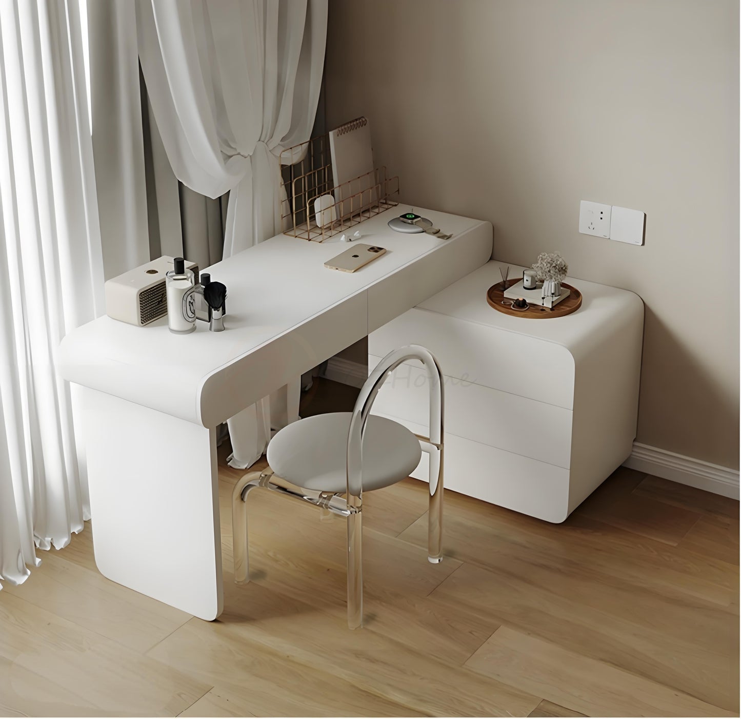 CATERINA Cream Aesthetic Small White Lacquer Vanity Table with Storage Cabinet, Mirror, and Stool | 6026