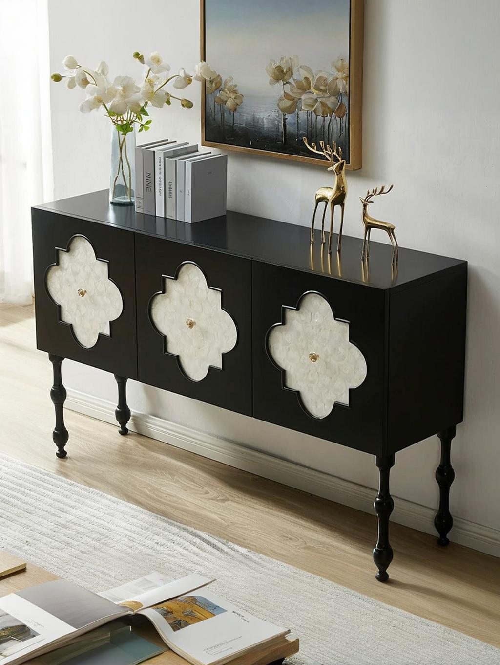 MORTIMER Gothic-Style Black Cabinet with White Natural Shell Decorative Doors, Storage Sideboard | Floral Pattern | Buffet 7026