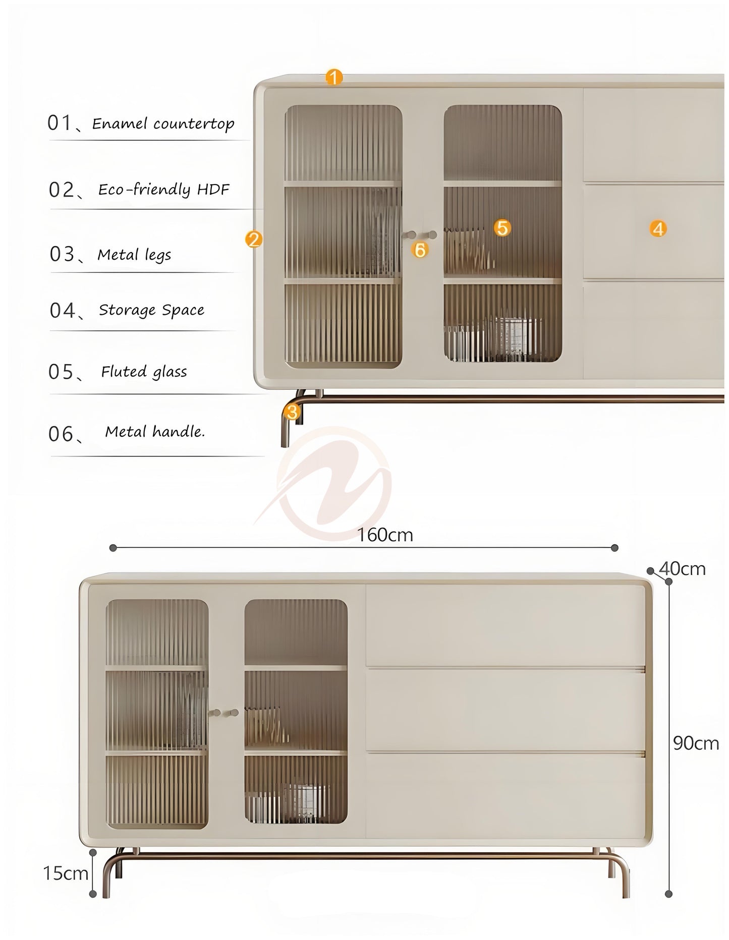 FABIO Italian Minimalist Style Black Enamel Sideboard with Fluted Glass, 160cm Entryway Cabinet | 7024