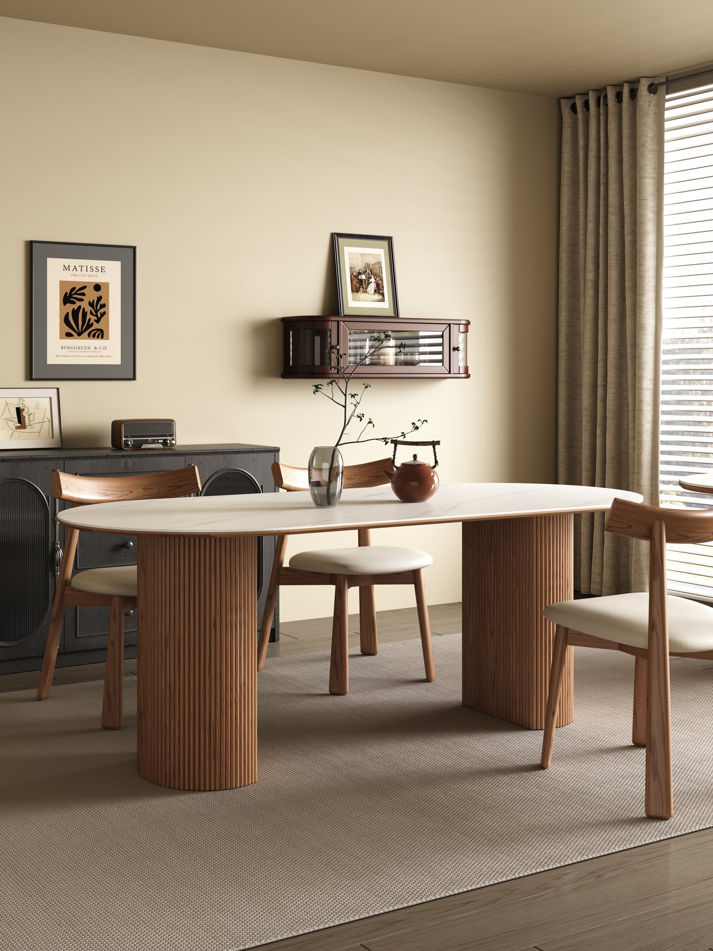 OSLO Oval Dining Table – White Sintered Stone Top & Walnut Solid Wood Base