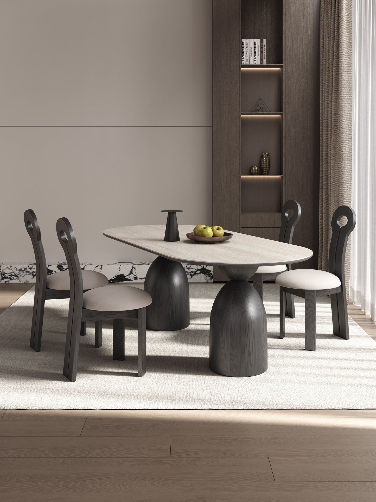 LUCIUS Gothic Style Black Dining Table with Travertine Top, Long Oval Shape, 180cm, Customizable | 9092