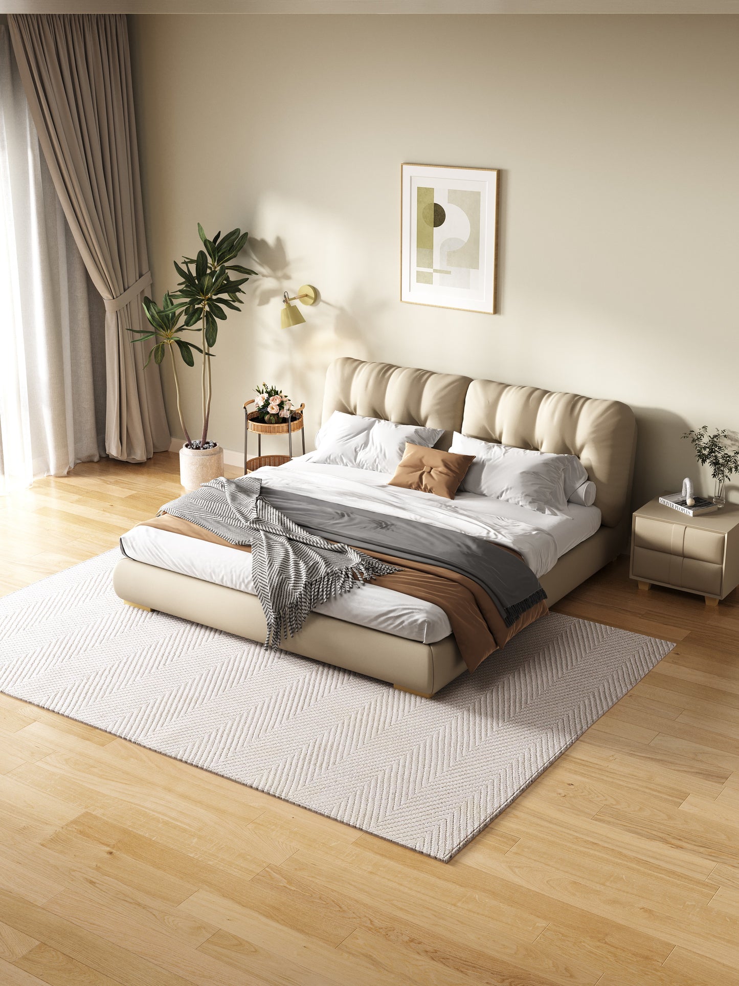 MOUSHY Luxurious Beige Frosted Fabric Bed Frame Queen/ King/ Steel legs 0076
