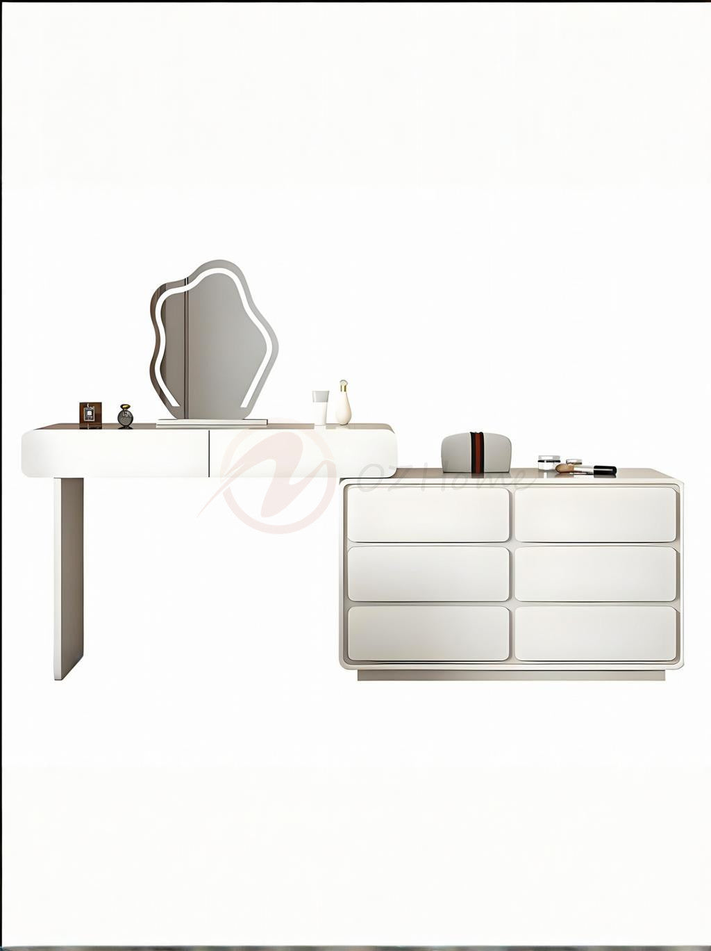 GIULIA Cream Aesthetic Large White Lacquer Vanity Table with Storage Cabinet, Mirror, and Stool | 6027