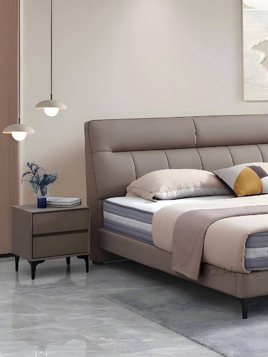 【Free Bedside Tables Included】HUGO Genuine Leather Series Taupe Grey Thick-Padded Headboard Bed Frame with One-Piece Slatted Base | Model 1008