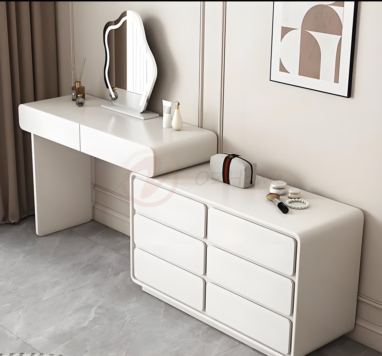 GIULIA Cream Aesthetic Large White Lacquer Vanity Table with Storage Cabinet, Mirror, and Stool | 6027