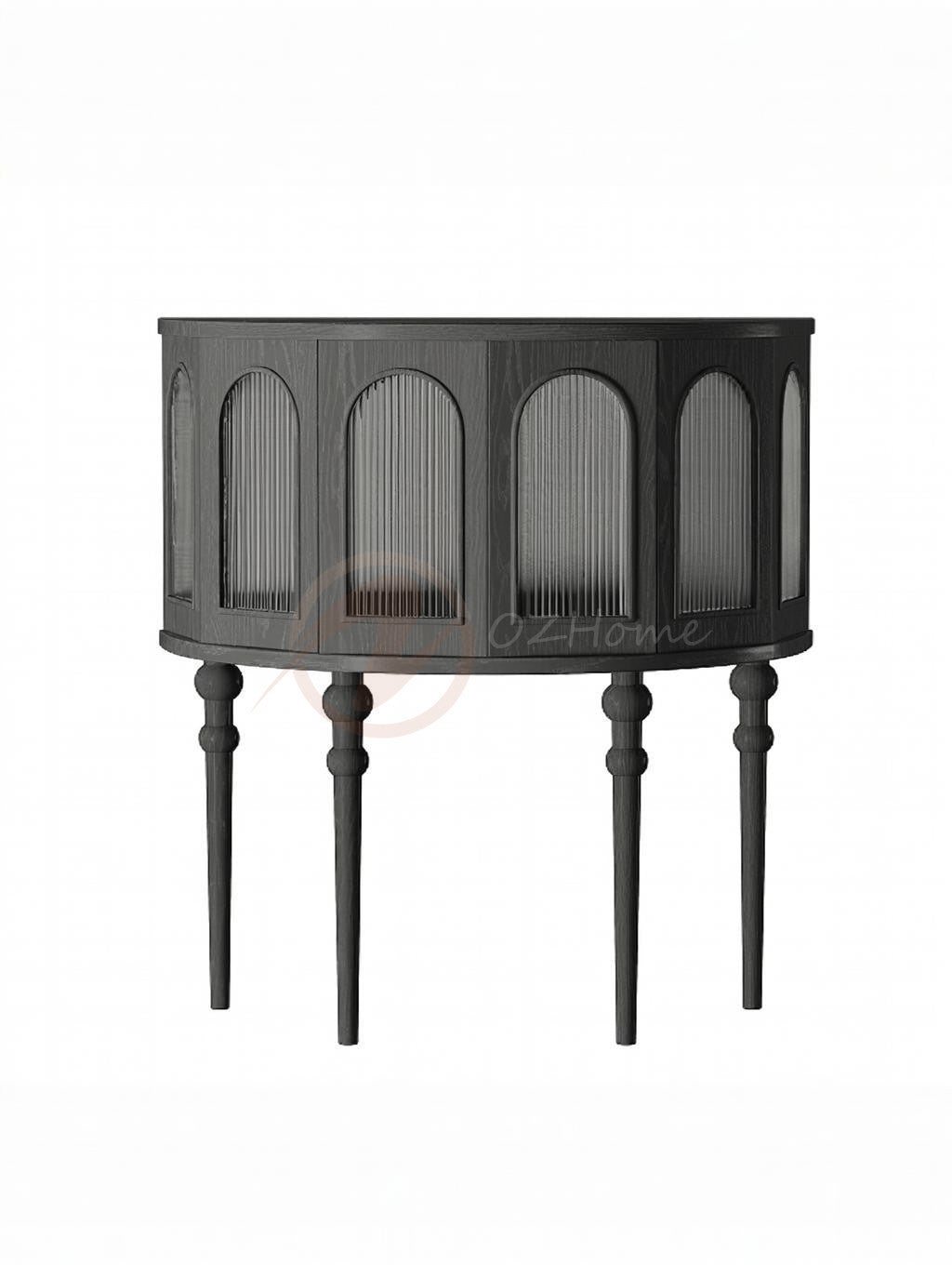 Seraphine Gothic-style Black Cabinet with Ribbed Glass Doors, Storage Sideboard | Semi-circular | buffet 7026