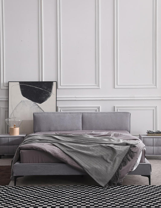 ELETTRA Nordic Grey Minimalist Tofu Block Down-filled Backrest Double Bed Frame | 0061K