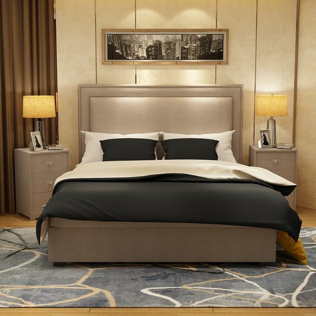 【Pre-sale】QUINLAN American Country Vintage Fabric Nailhead High Back Bed Frame | 0063