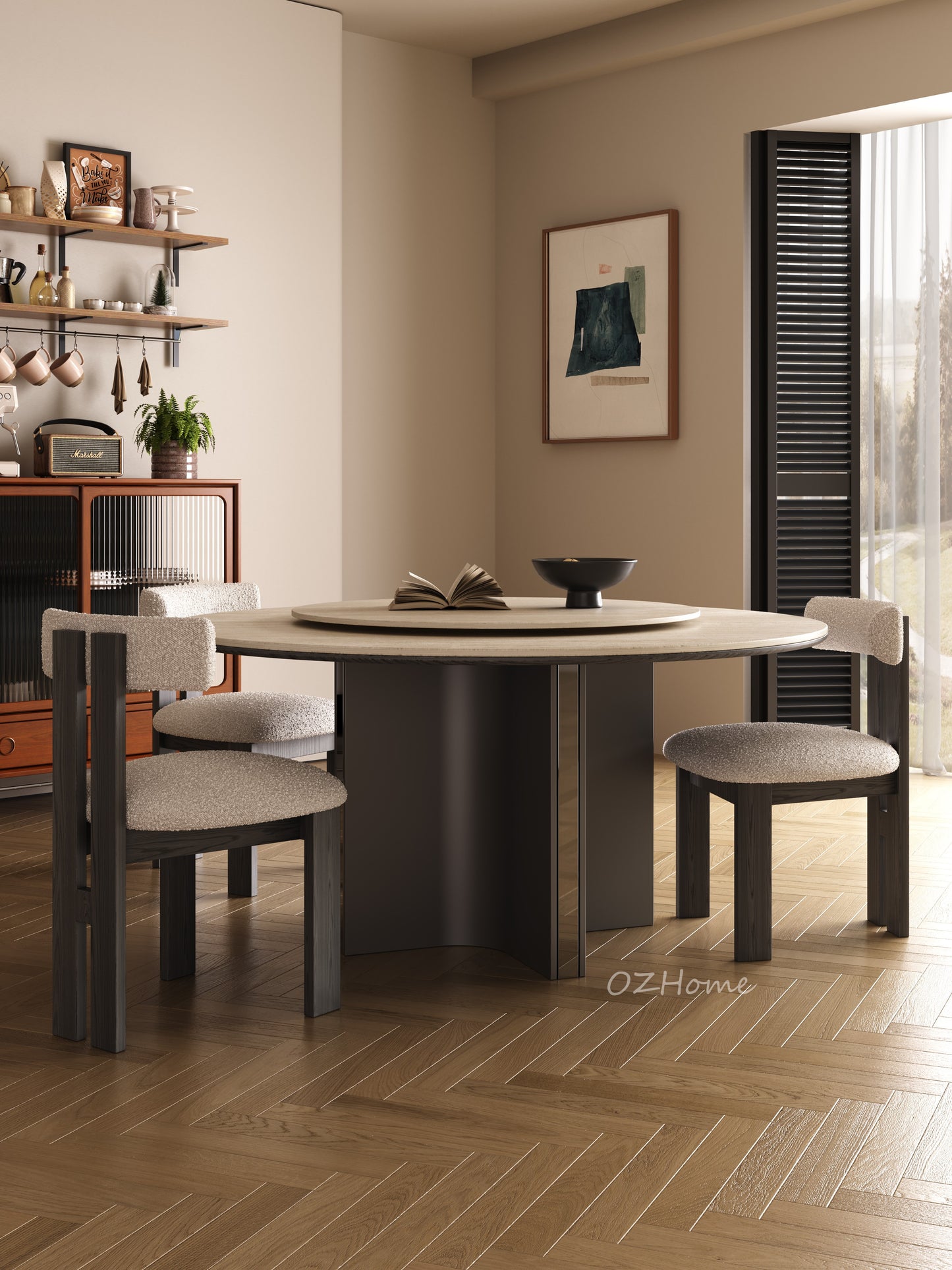 AMAURY Travertine Tabletop, Sculptural Base with Optional Lazy Susan | Dining Table | Round Table | Lazy Susan | 9059